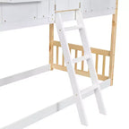 Letto a Castello con Struttura a Casetta, con Finestre e Porte, in Legno Bianco, con Scaletta di Sicurezza e Sponde Protettive