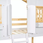 Letto a Castello con Struttura a Casetta, con Finestre e Porte, in Legno Bianco, con Scaletta di Sicurezza e Sponde Protettive