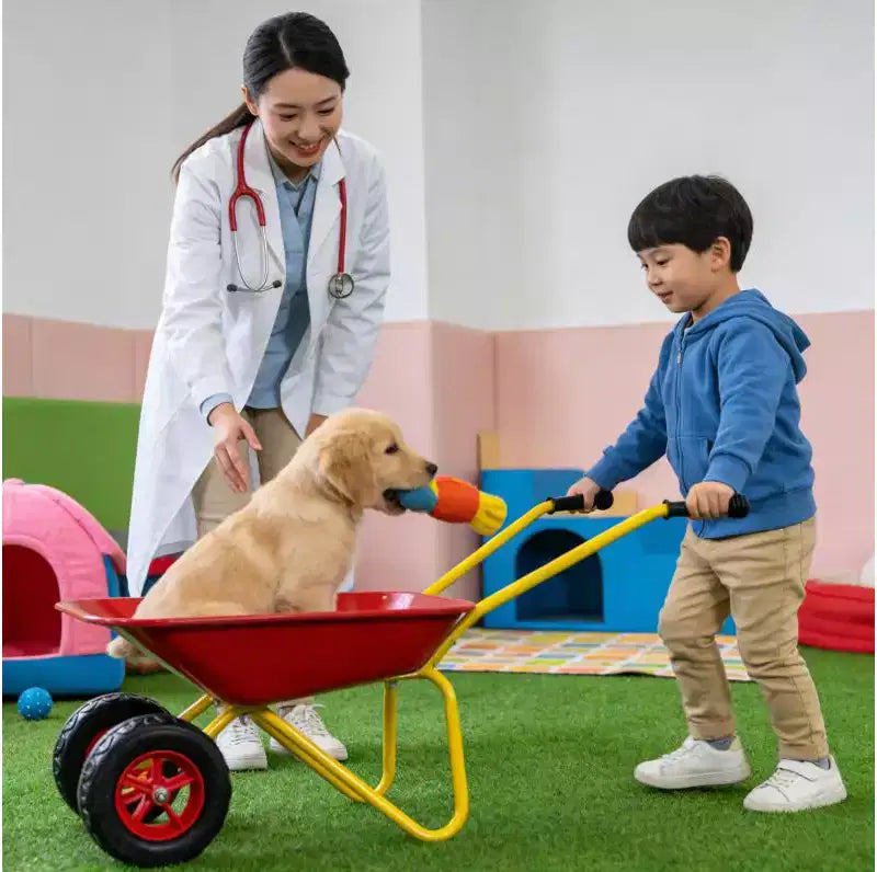 Carriola in metallo per bambini, carretto da giardino per bambini da 15 kg, carretto multiuso da cantiere con vassoio in acciaio resistente per foglie, terra, sabbia, attrezzo da giardinaggio per esterni