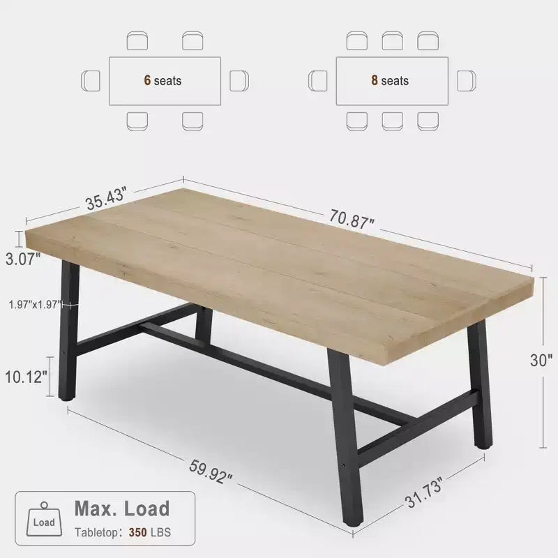 Tavolo da pranzo da 70,9 pollici per 6-8 persone, grande tavolo rettangolare industriale con piano in legno e gambe in metallo per sala da pranzo e cucina, grigio