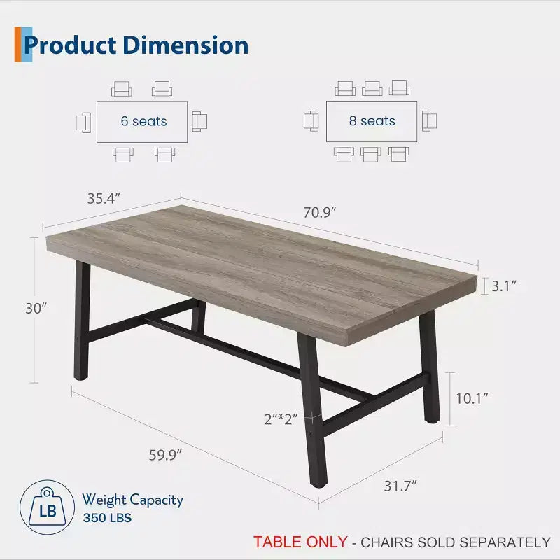 Tavolo da pranzo da 70,9 pollici per 6-8 persone, grande tavolo rettangolare industriale con piano in legno e gambe in metallo per sala da pranzo e cucina, grigio