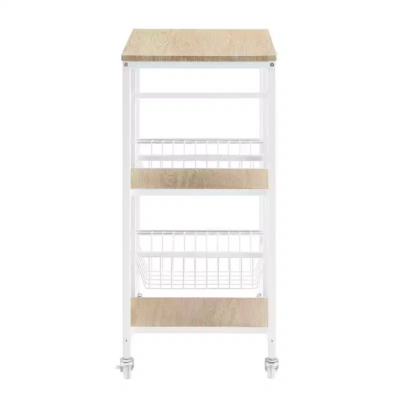 Carrello da cucina piccolo mobile in metallo bianco: piano in MDF, 2 cestini, ruote bloccabili