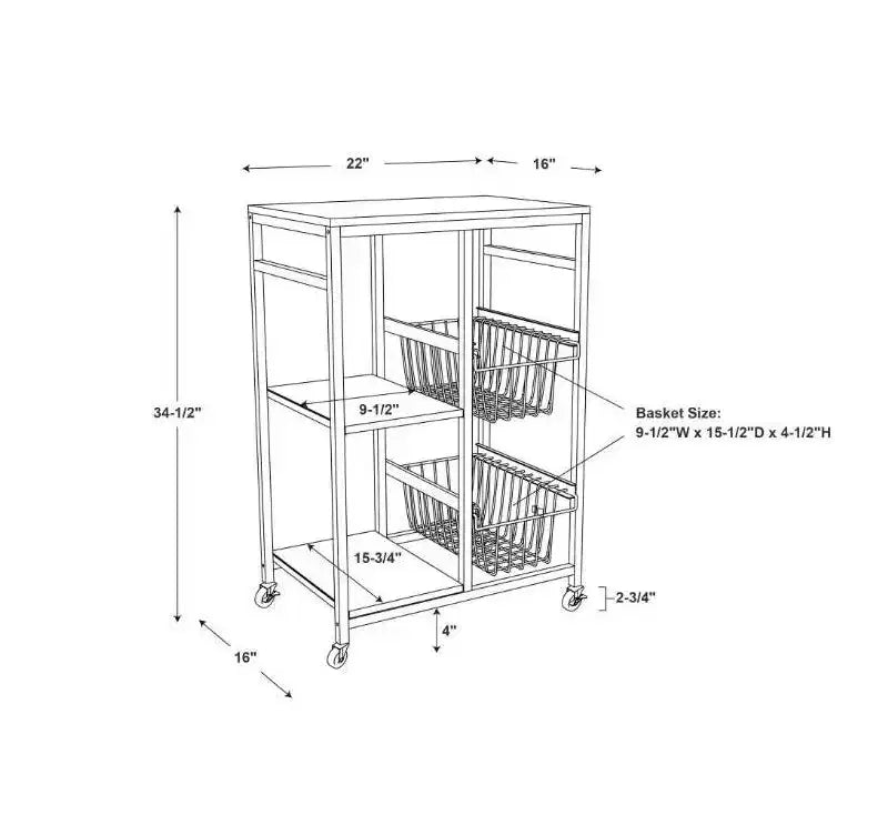 Carrello da cucina piccolo mobile in metallo bianco: piano in MDF, 2 cestini, ruote bloccabili