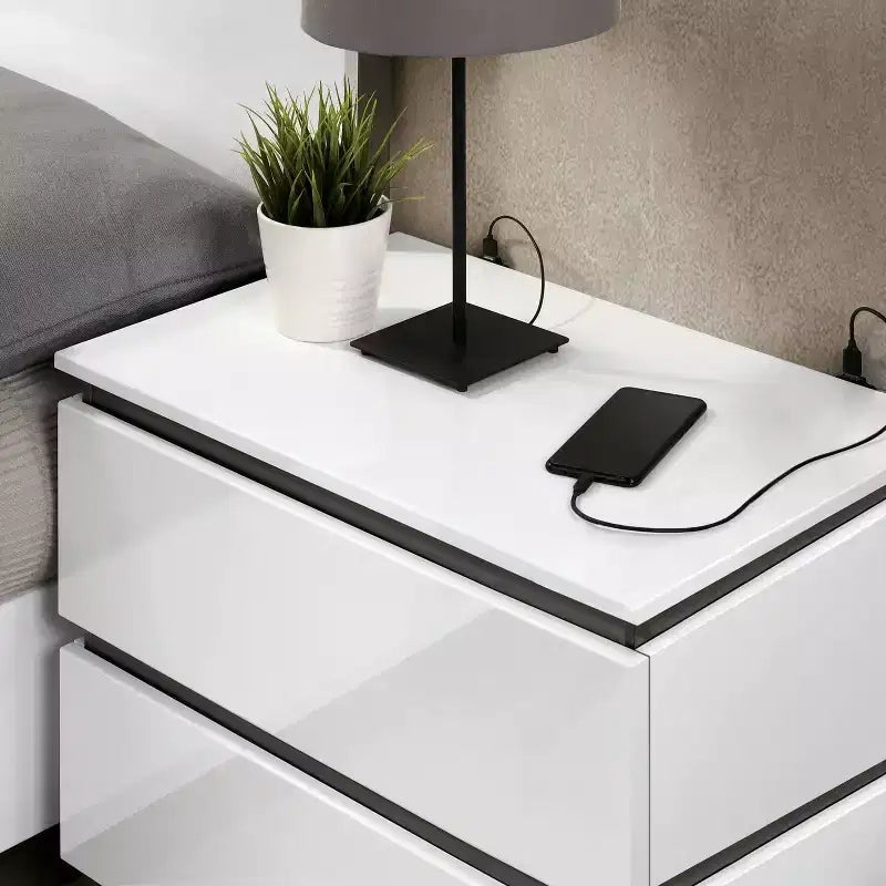 Comodino a 2 cassetti con porte USB Bianco/Grigio metallizzato