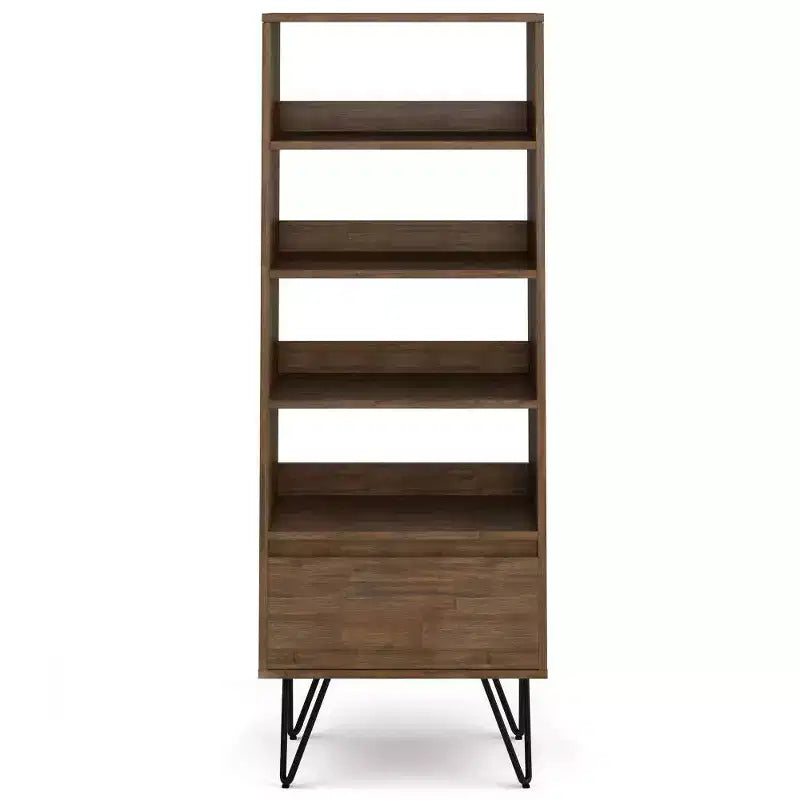 Libreria alta Saylor da 162 cm con gambe a forcina e cassetto - Design industriale, legno di acacia
