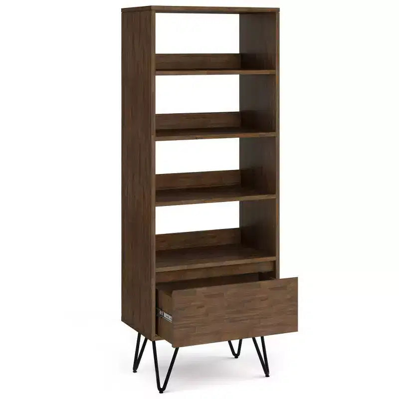 Libreria alta Saylor da 162 cm con gambe a forcina e cassetto - Design industriale, legno di acacia