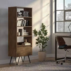 Libreria alta Saylor da 162 cm con gambe a forcina e cassetto - Design industriale, legno di acacia