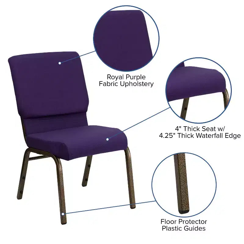 Sedia impilabile da auditorium con 19 posti - tessuto viola royal/struttura venata oro