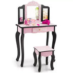 Set Toeletta per Bambini in Legno Tavolino Trucco Sgabello Specchio Triplo con Stampa Leopardata Rosa