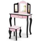 Set Toeletta per Bambini in Legno Tavolino Trucco Sgabello Specchio Triplo con Stampa Leopardata Rosa