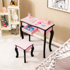 Set Toeletta per Bambini in Legno Tavolino Trucco Sgabello Specchio Triplo con Stampa Leopardata Rosa