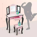 Set Toeletta per Bambini in Legno Tavolino Trucco Sgabello Specchio Triplo con Stampa Leopardata Rosa