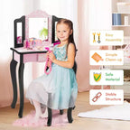 Set Toeletta per Bambini in Legno Tavolino Trucco Sgabello Specchio Triplo con Stampa Leopardata Rosa