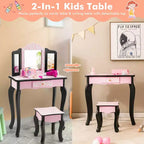 Set Toeletta per Bambini in Legno Tavolino Trucco Sgabello Specchio Triplo con Stampa Leopardata Rosa