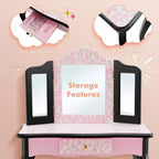 Set Toeletta per Bambini in Legno Tavolino Trucco Sgabello Specchio Triplo con Stampa Leopardata Rosa