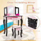 Set Toeletta per Bambini in Legno Tavolino Trucco Sgabello Specchio Triplo con Stampa Leopardata Rosa