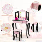 Set Toeletta per Bambini in Legno Tavolino Trucco Sgabello Specchio Triplo con Stampa Leopardata Rosa