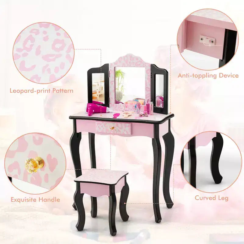 Set Toeletta per Bambini in Legno Tavolino Trucco Sgabello Specchio Triplo con Stampa Leopardata Rosa