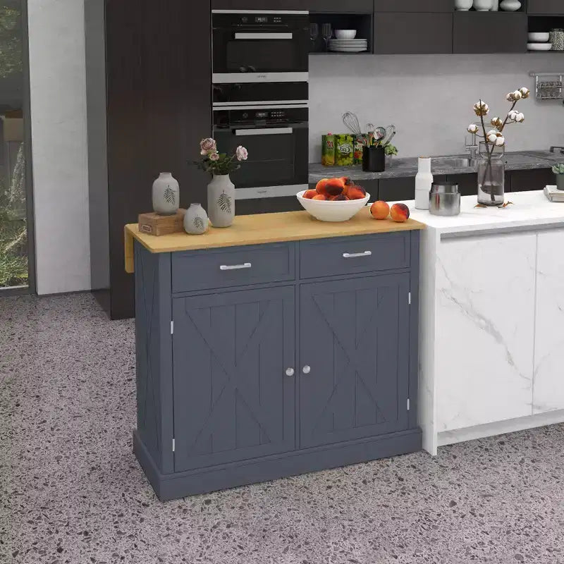Isola da Cucina con Ruote, Mobiletto con Ripiano a Scomparsa in Legno per Colazione, Carrello da Cucina Stile Rustico con 2 Cassetti e Ripiani Regolabili, per Sala da Pranzo